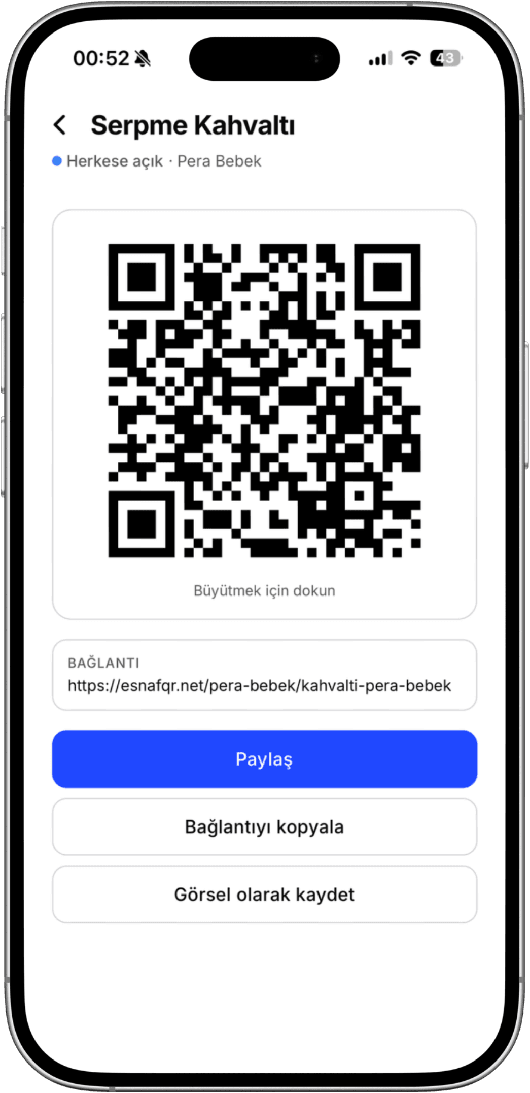 QR ile müşteriye anında paylaş